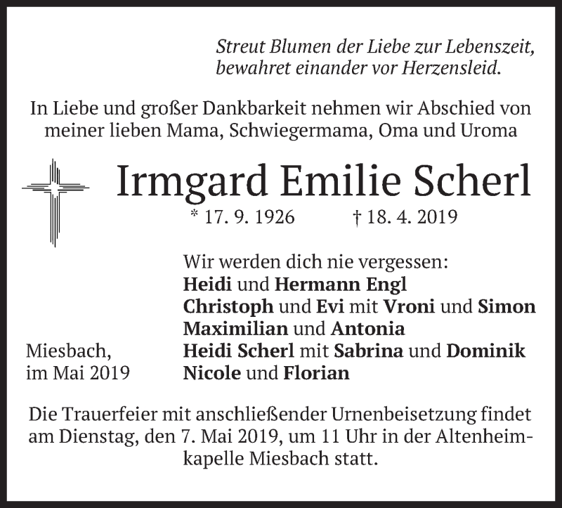 Traueranzeigen Von Irmgard Emilie Scherl Trauer Merkur De