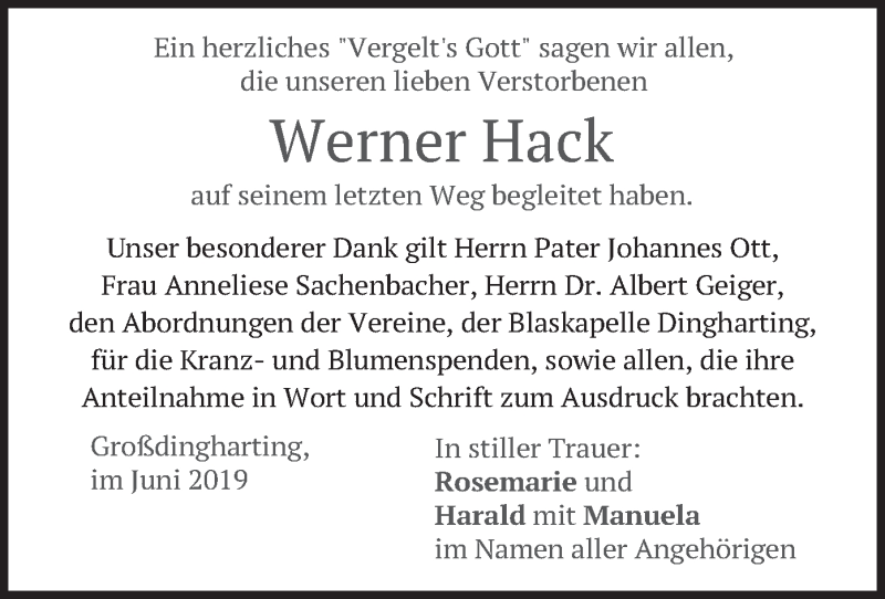 Traueranzeigen Von Werner Hack Trauer Merkur De