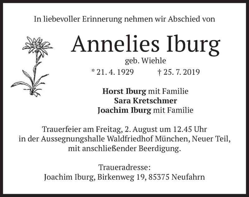 Traueranzeigen Von Annelies Iburg Trauer Merkur De