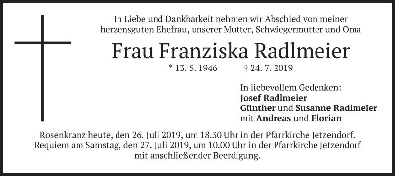 Traueranzeigen Von Franziska Radlmeier Trauer Merkur De