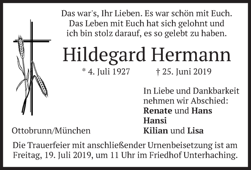 Traueranzeigen Von Hildegard Hermann Trauer Merkur De