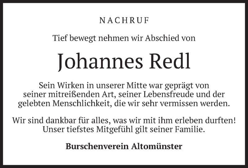 Traueranzeigen Von Johannes Redl Trauer Merkur De