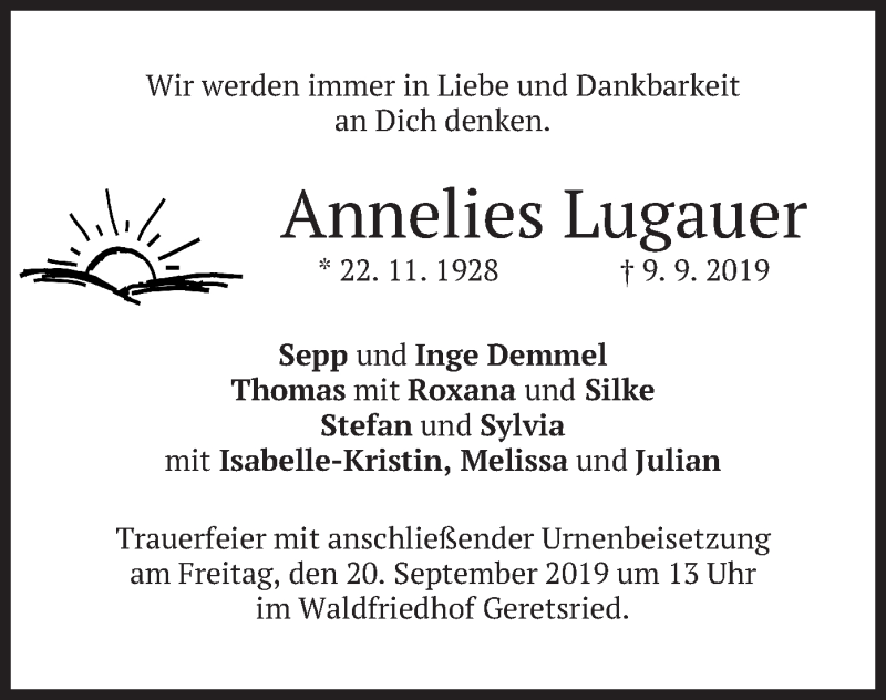 Traueranzeigen Von Annelies Lugauer Trauer Merkur De