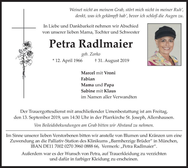 Traueranzeigen Von Petra Radlmaier Trauer Merkur De