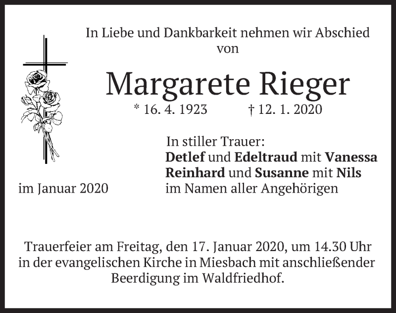 Traueranzeigen Von Margarete Rieger Trauer Merkur De