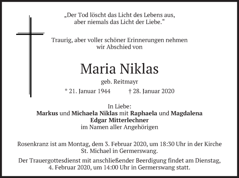 Traueranzeigen Von Maria Niklas Trauer Merkur De