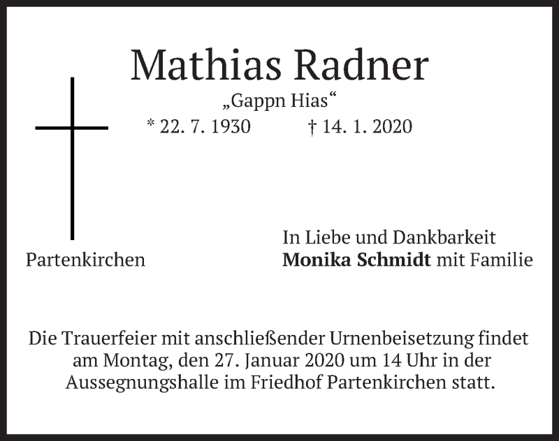 Traueranzeigen Von Mathias Radner Trauer Merkur De