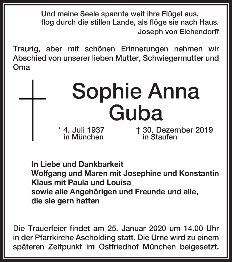 Traueranzeigen Von Sophie Anna Guba Trauer Merkur De