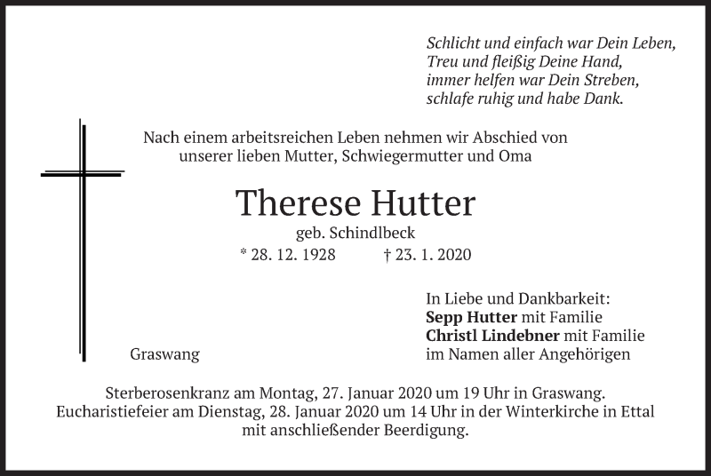 Traueranzeigen Von Therese Hutter Trauer Merkur De