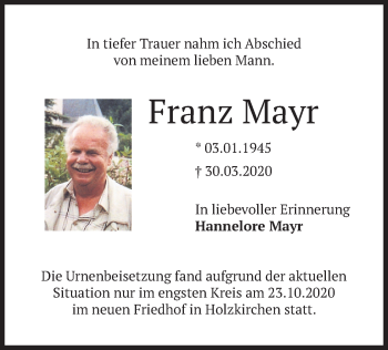 Traueranzeigen Von Franz Mayr Trauer Merkur De