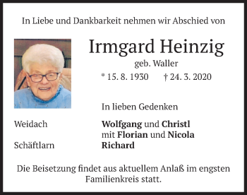 Traueranzeigen Von Irmgard Heinzig Trauer Merkur De