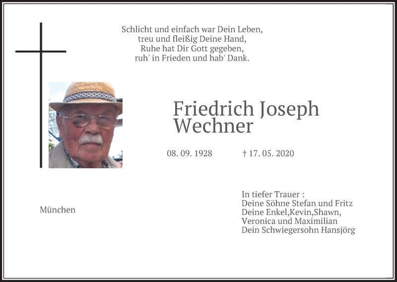 Traueranzeigen Von Friedrich Joseph Wechner Trauer Merkur De