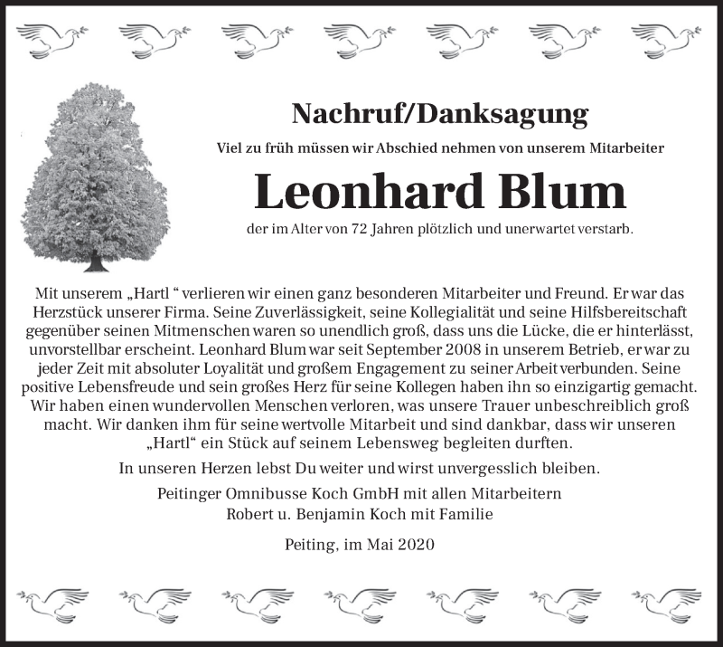 Traueranzeigen Von Leonhard Blum Trauer Merkur De