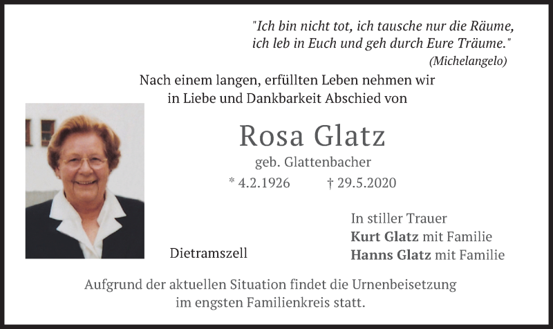 Traueranzeigen Von Rosa Glatz Trauer Merkur De