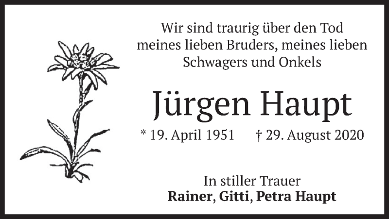 Traueranzeigen von Jürgen Haupt trauer merkur de