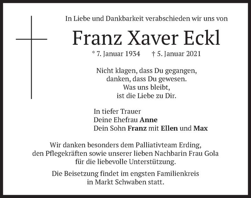 Traueranzeigen Von Franz Xaver Eckl Trauer Merkur De