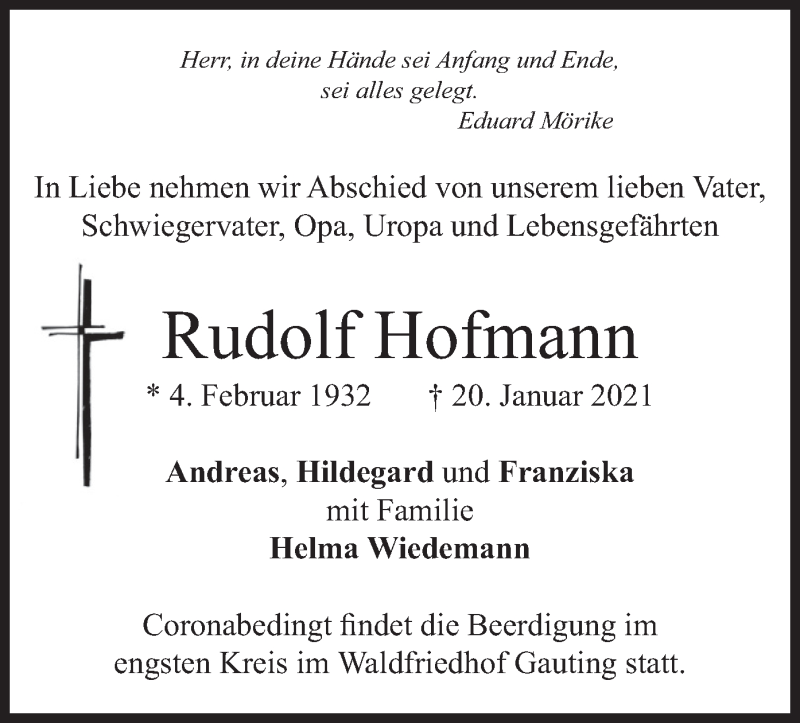 Traueranzeigen Von Rudolf Hofmann Trauer Merkur De