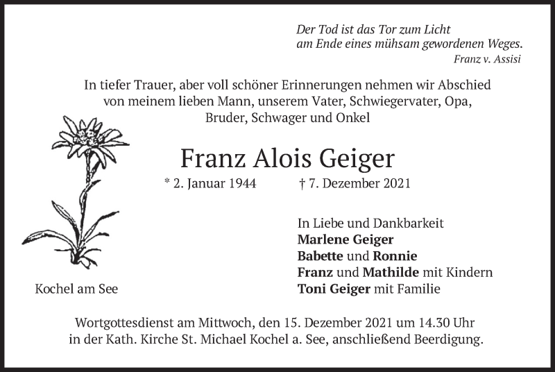 Traueranzeigen Von Franz Alois Geiger Trauer Merkur De