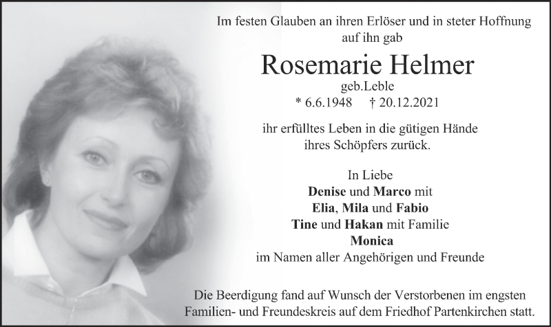 Traueranzeigen Von Rosemarie Helmer Trauer Merkur De