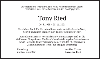 Traueranzeigen Von Tony Ried Trauer Merkur De