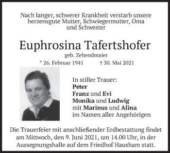 Traueranzeigen Von Euphrosina Tafertshofer Trauer Merkur De