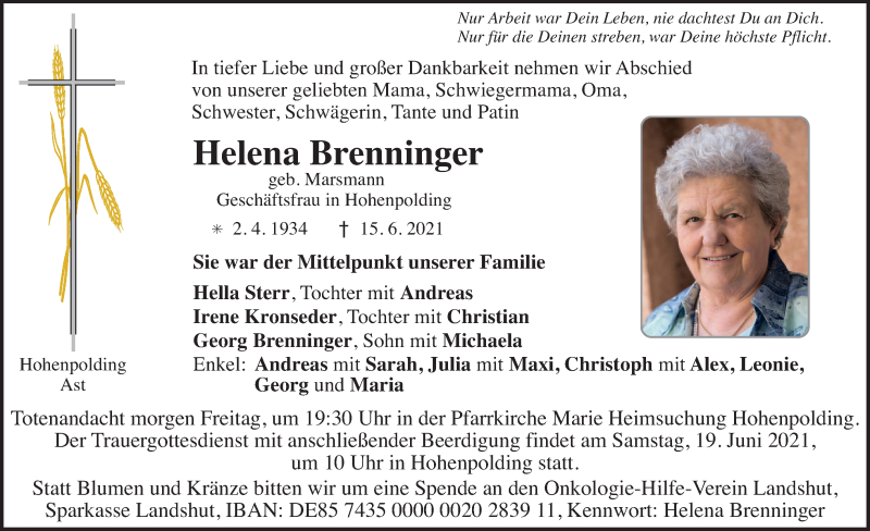 Traueranzeigen Von Helena Brenninger Trauer Merkur De