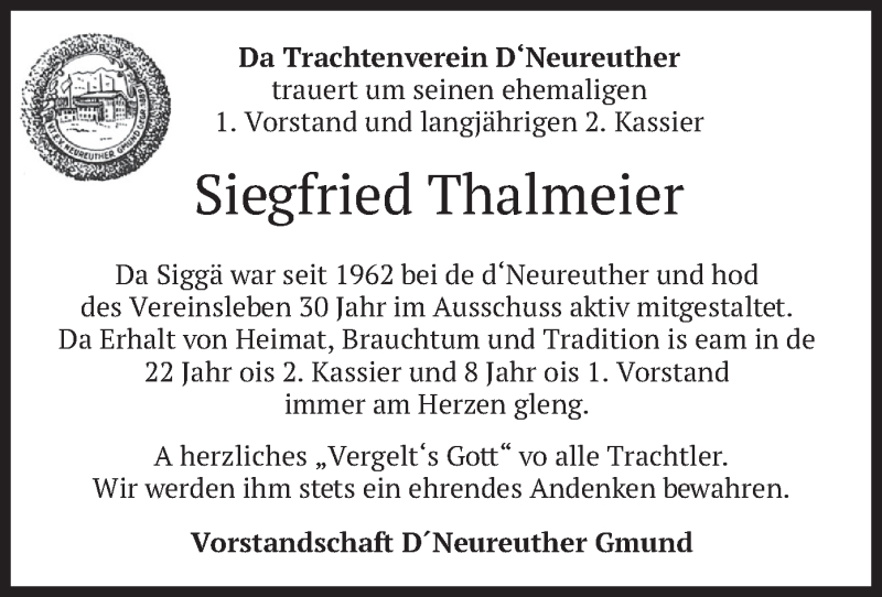 Traueranzeigen Von Siegfried Thalmeier Trauer Merkur De