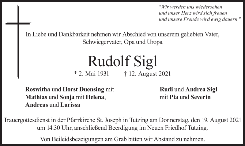 Traueranzeigen Von Rudolf Sigl Trauer Merkur De