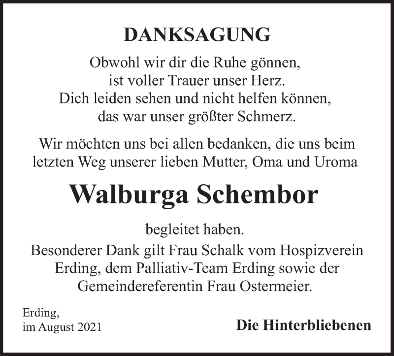 Traueranzeigen Von Walburga Schembor Trauer Merkur De