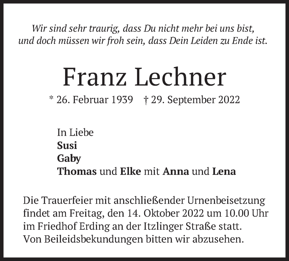 Traueranzeigen Von Franz Lechner Trauer Merkur De