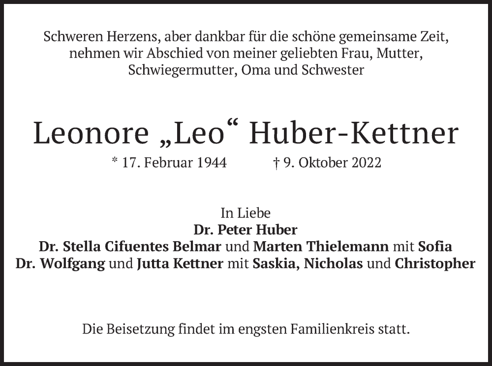 Traueranzeigen Von Leonore Huber Kettner Trauer Merkur De