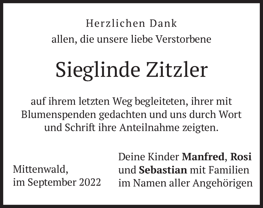 Traueranzeigen Von Sieglinde Zitzler Trauer Merkur De