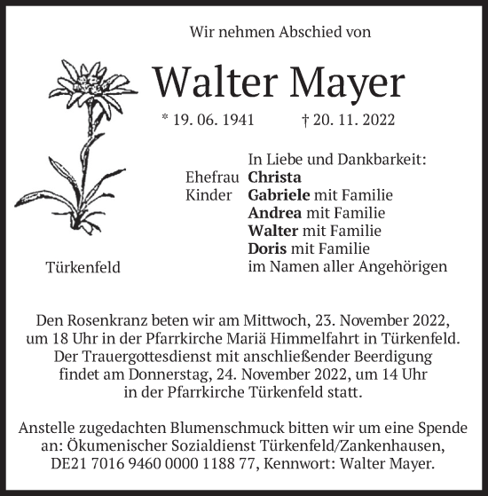 Traueranzeigen Von Walter Mayer Trauer Merkur De