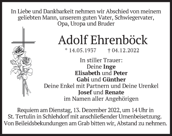 Traueranzeigen Von Adolf Ehrenb Ck Trauer Merkur De