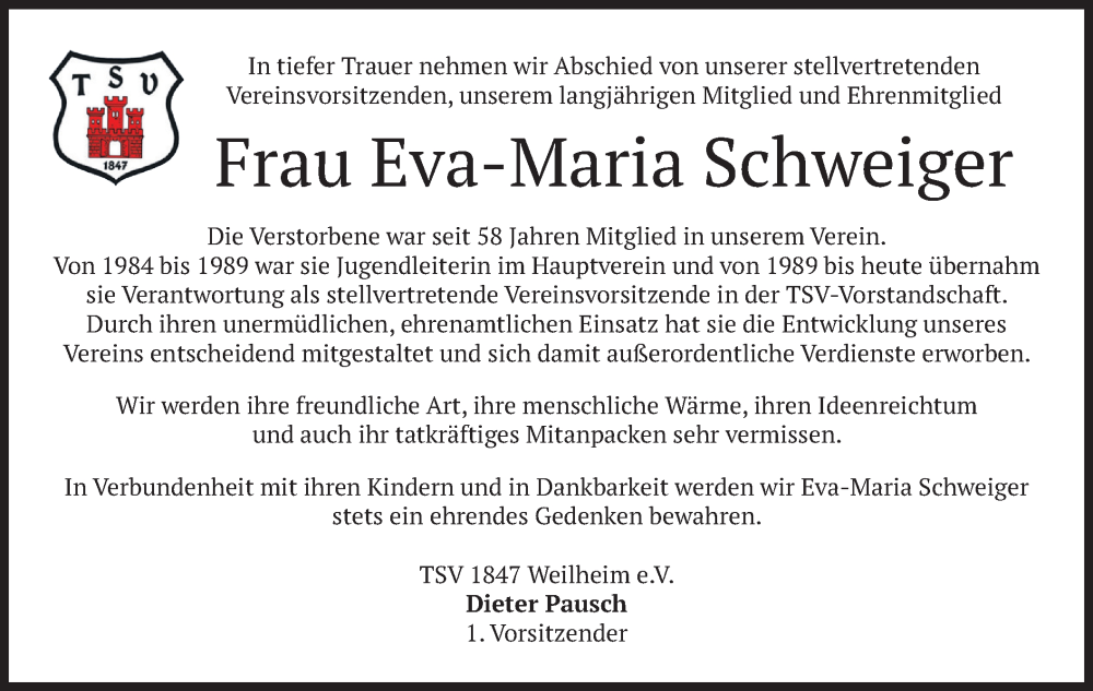 Traueranzeigen Von Eva Maria Schweiger Trauer Merkur De