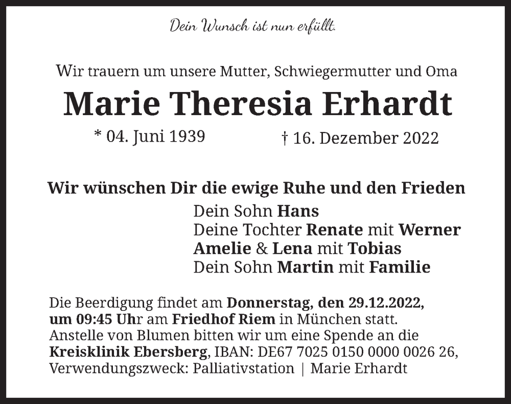 Traueranzeigen Von Marie Theresia Erhardt Trauer Merkur De