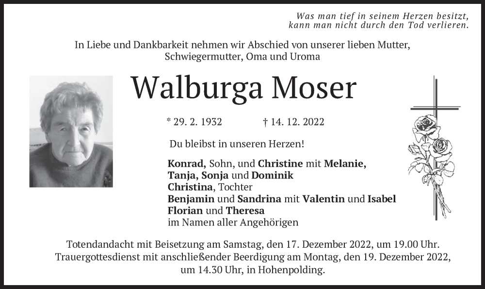 Traueranzeigen Von Walburga Moser Trauer Merkur De