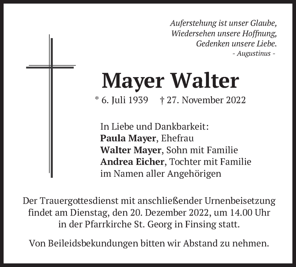 Traueranzeigen Von Walter Mayer Trauer Merkur De