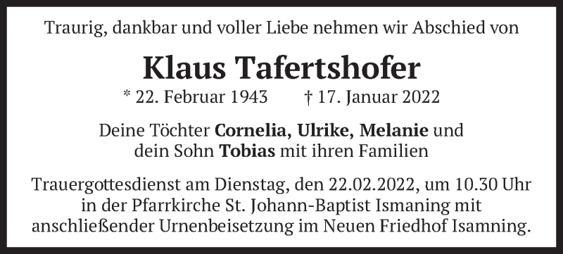 Traueranzeigen Von Klaus Tafertshofer Trauer Merkur De