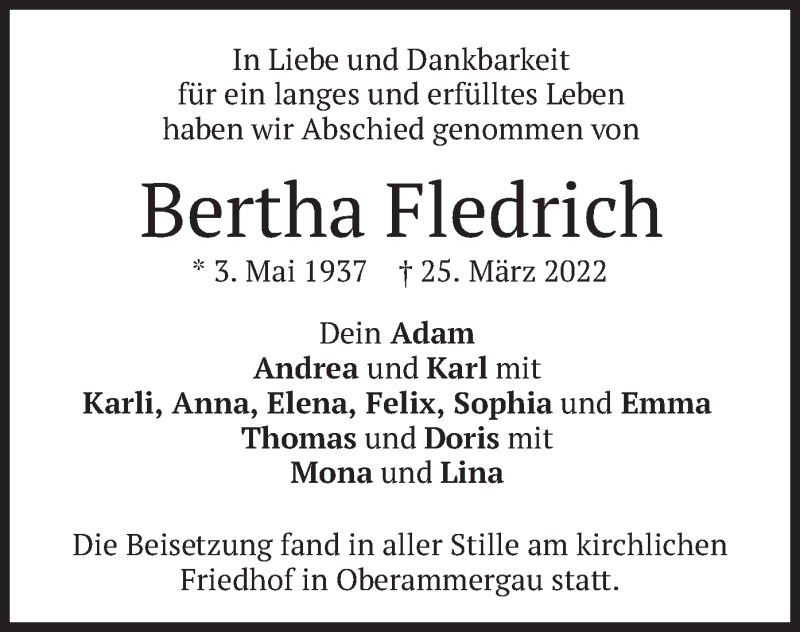 Traueranzeigen Von Bertha Fledrich Trauer Merkur De