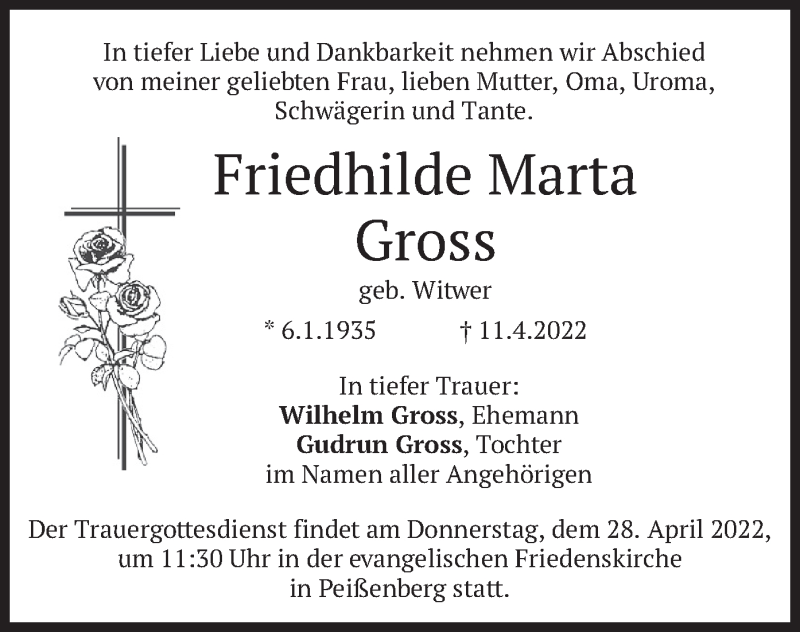 Traueranzeigen Von Friedhilde Marta Gross Trauer Merkur De