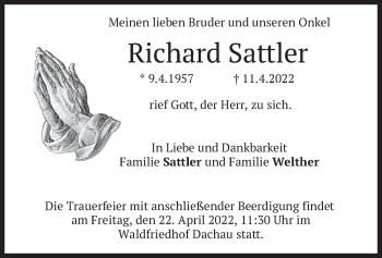 Traueranzeigen Von Richard Sattler Trauer Merkur De