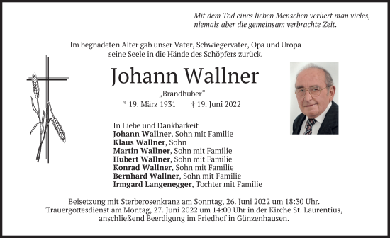 Traueranzeigen Von Johann Wallner Trauer Merkur De