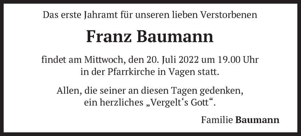 Traueranzeigen Von Franz Baumann Trauer Merkur De