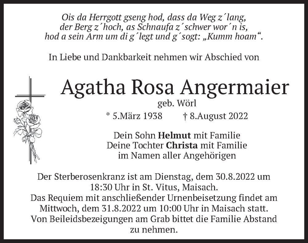 Traueranzeigen Von Agatha Rosa Angermaier Trauer Merkur De