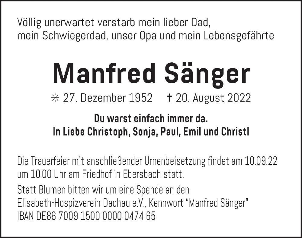 Traueranzeigen von Manfred Sänger trauer merkur de