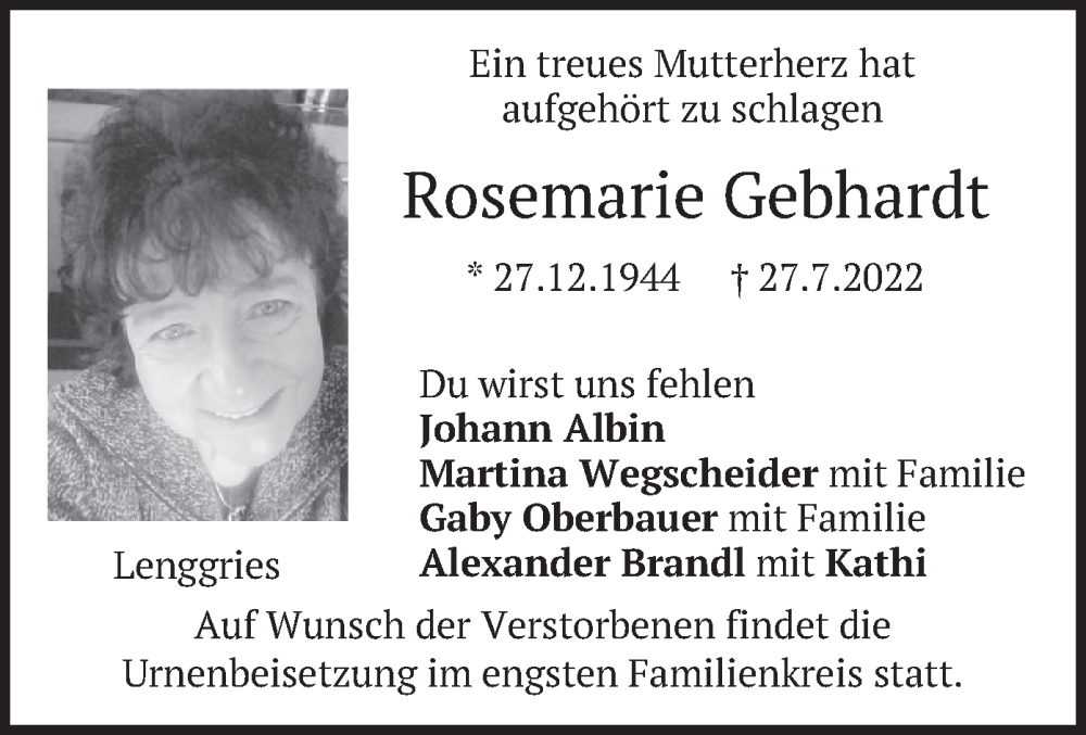 Traueranzeigen Von Rosemarie Gebhardt Trauer Merkur De