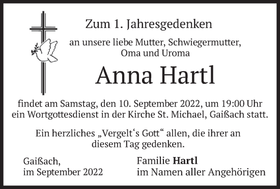 Traueranzeigen Von Anna Hartl Trauer Merkur De