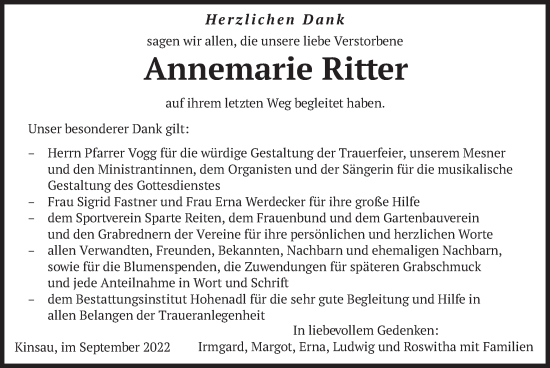 Traueranzeigen Von Annemarie Ritter Trauer Merkur De