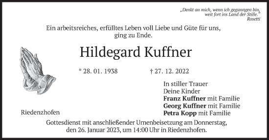 Traueranzeigen Von Hildegard Kuffner Trauer Merkur De